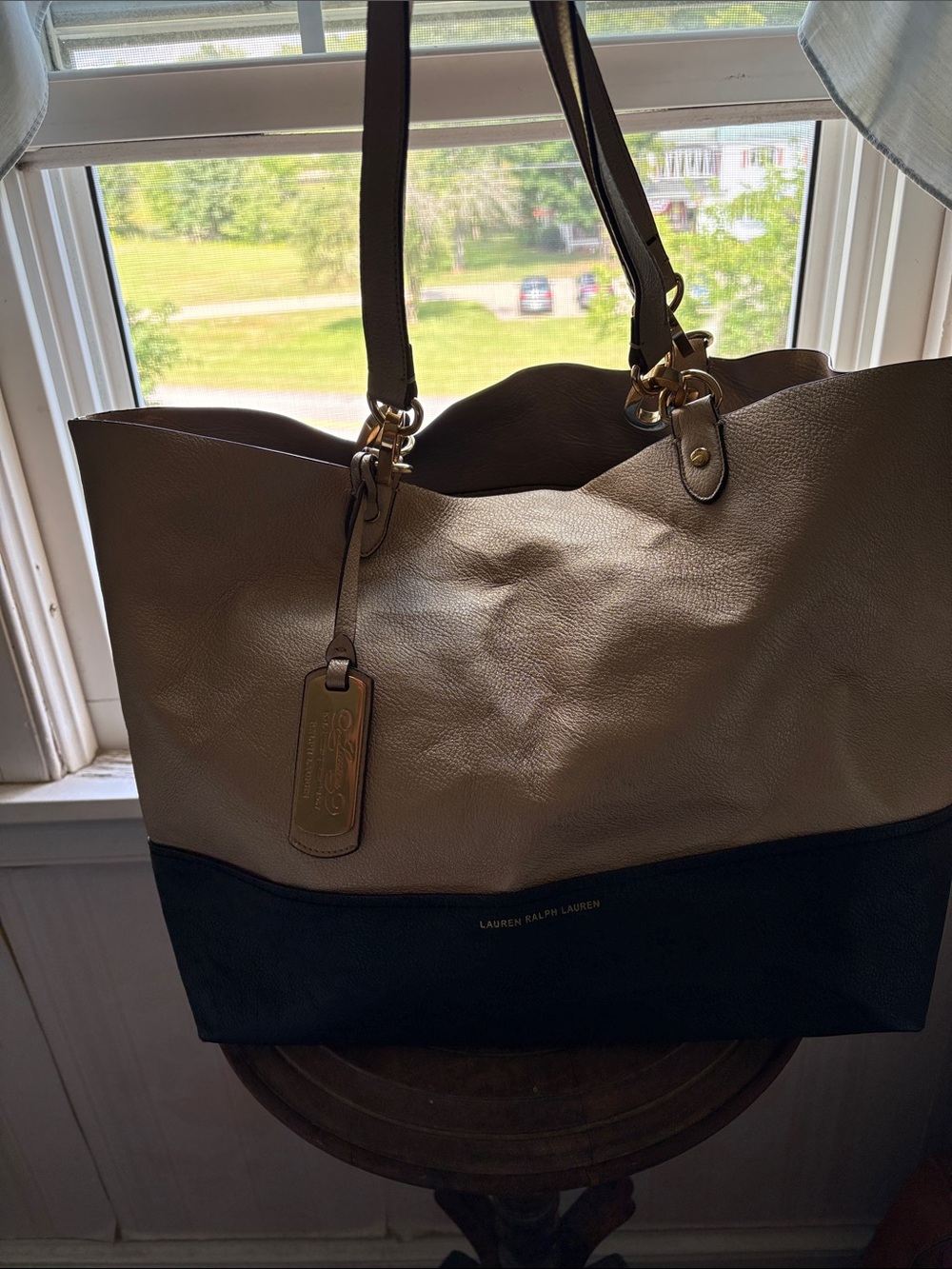 Lauren Ralph Lauren Two-Tone Beige and Black Leather-Effect Tote